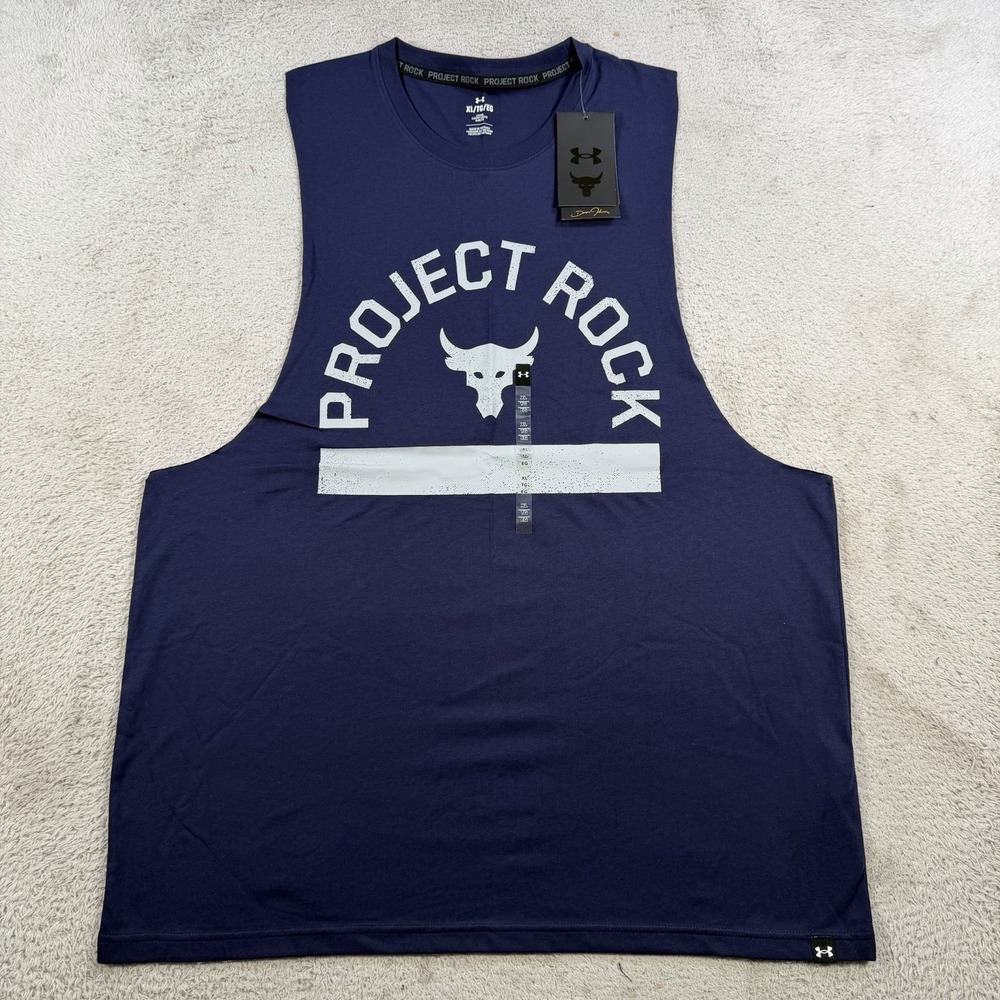 Under Armour Project Rock Tank Mens XL Navy Blue Payoff Sleeveless Top Gym Bull